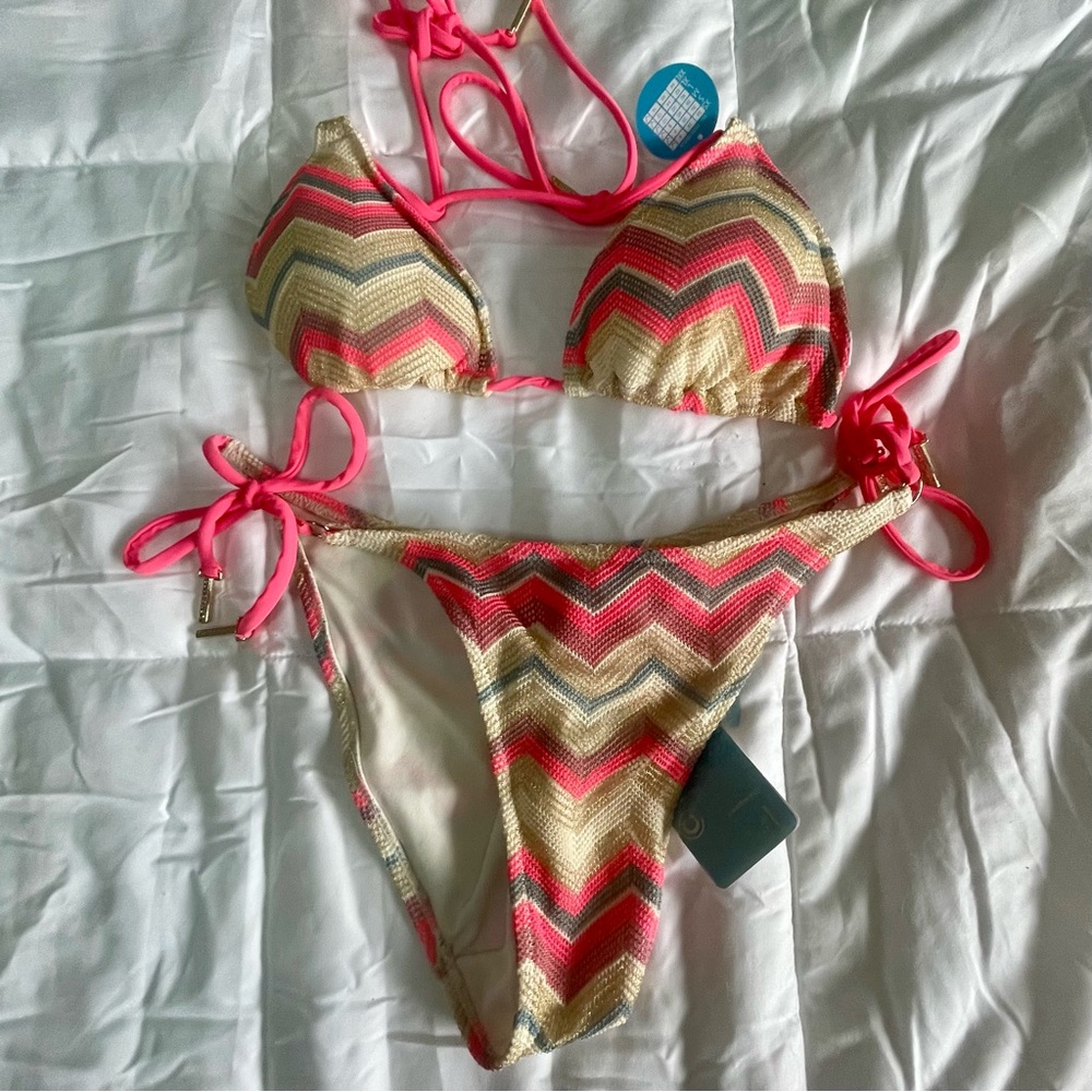 Chevron Shimmering European Pink & Gold Knit String Bikini NWT Summer